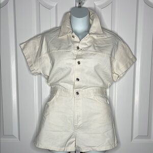NWT Zara Off White Denim Button-Up Short Sleeve Romper